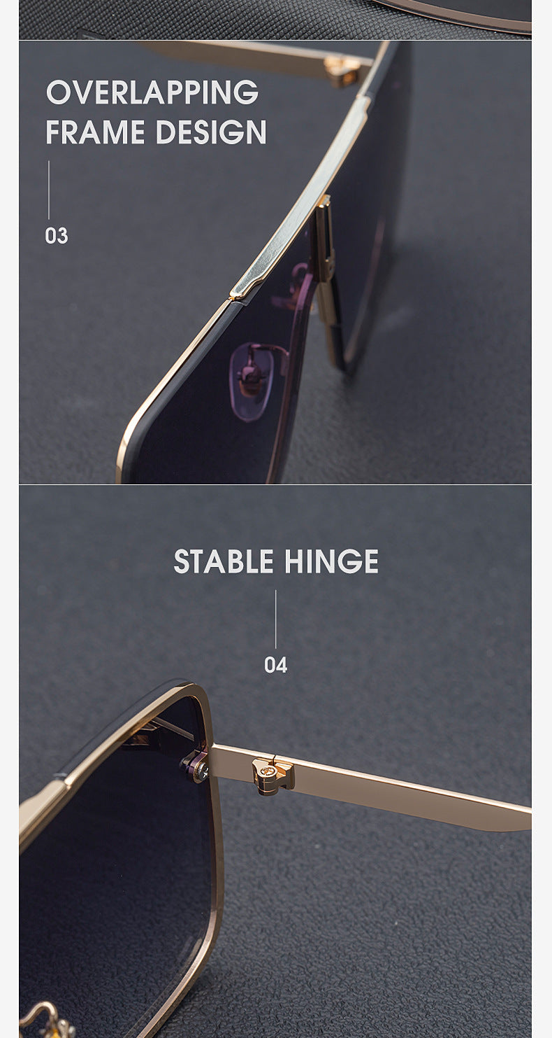 New Large Frame Sunglasses for Men Metal Frame One-piece Fashion Internet Celebrity Square Frame Glasses Trendy Sun Protection Driving Sunglasses