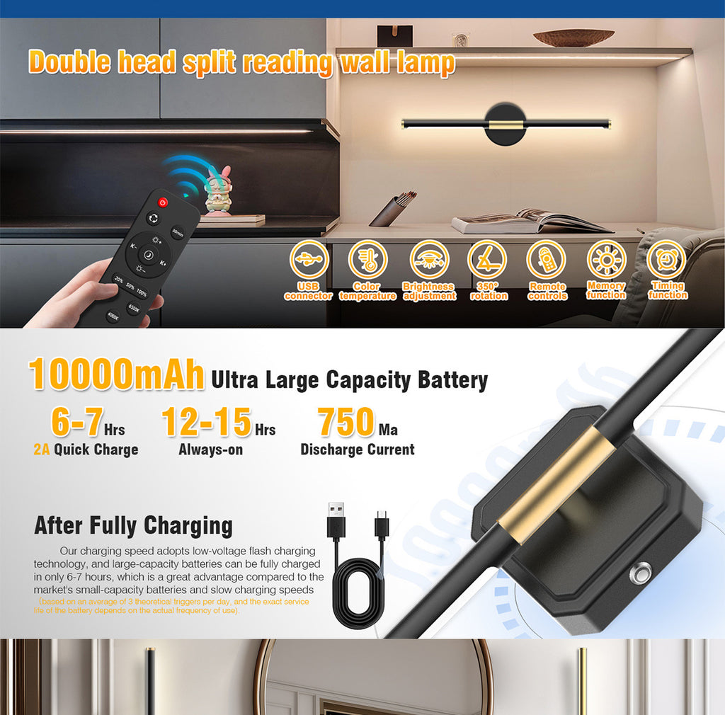 Dual-Head Detachable Wall Lamp No Wiring Required Wall Lamp Reading Wall Lamp Dimmable Wall Lamp Indoor Wall Lamp Magnetic Wall Lamp