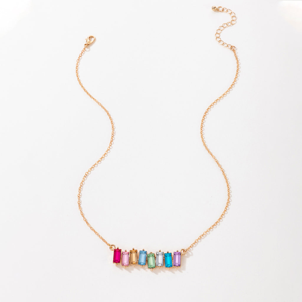European and American Style Jewelry Colorful Square Inlaid Diamond Single Necklace Geometric Chain Imitation Gemstone Single Layer Collarbone Chain