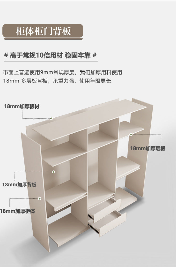 Cream Style Solid Wood Sliding Door Wardrobe for Home Bedroom with Hanging Area, Multiple Storage Cabinets, and Segmented Large Wardrobe