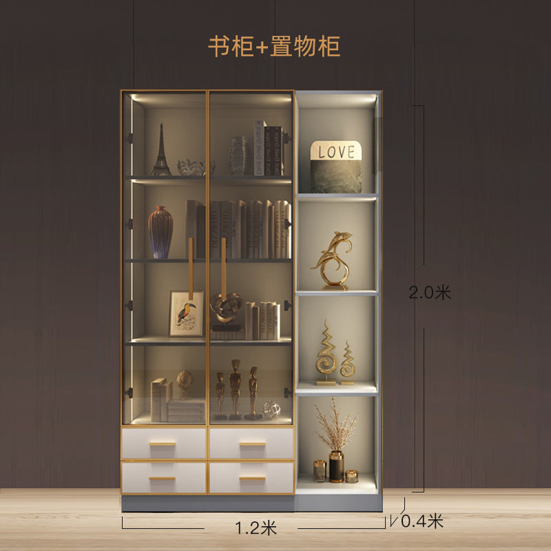 Modern Light Luxury Bookshelf Paint-Free Board Aluminum Alloy Glass Door Combination Bookshelf Wine Cabinet Simple Floor Storage Cabinet Integrated