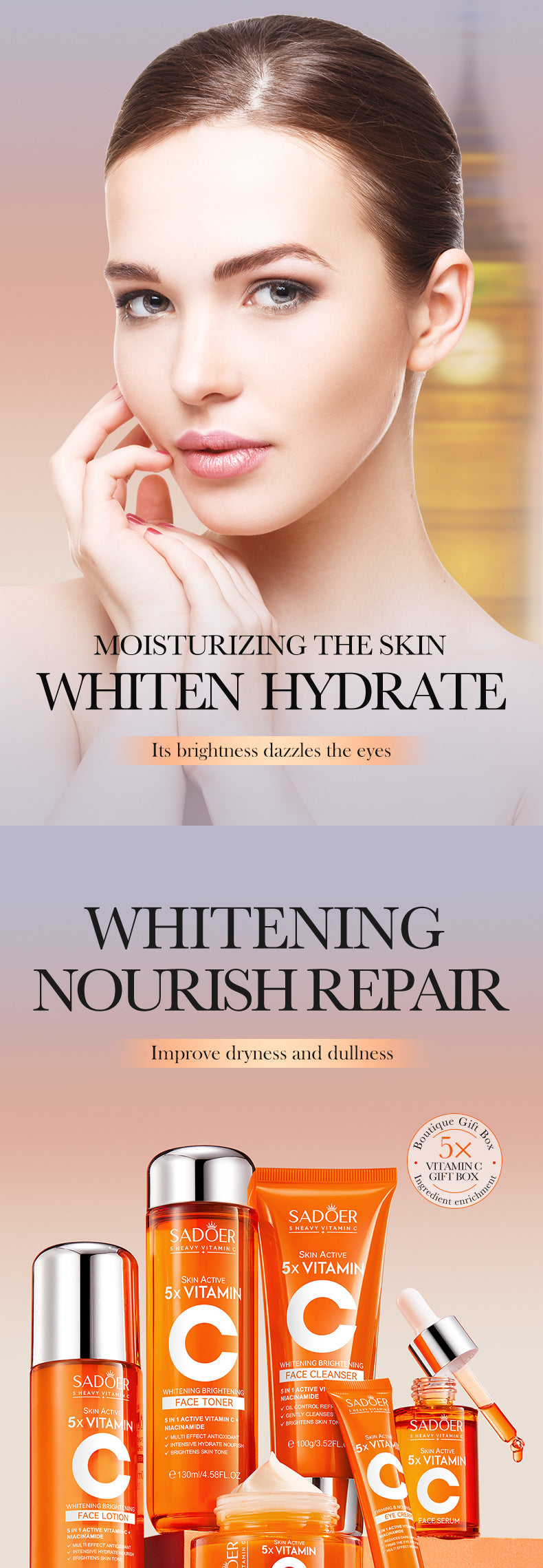 Five Dimensions in Full English C Skin care product set SADOER Whitening and brightening skin care six-piece set  foreign trade wholesale