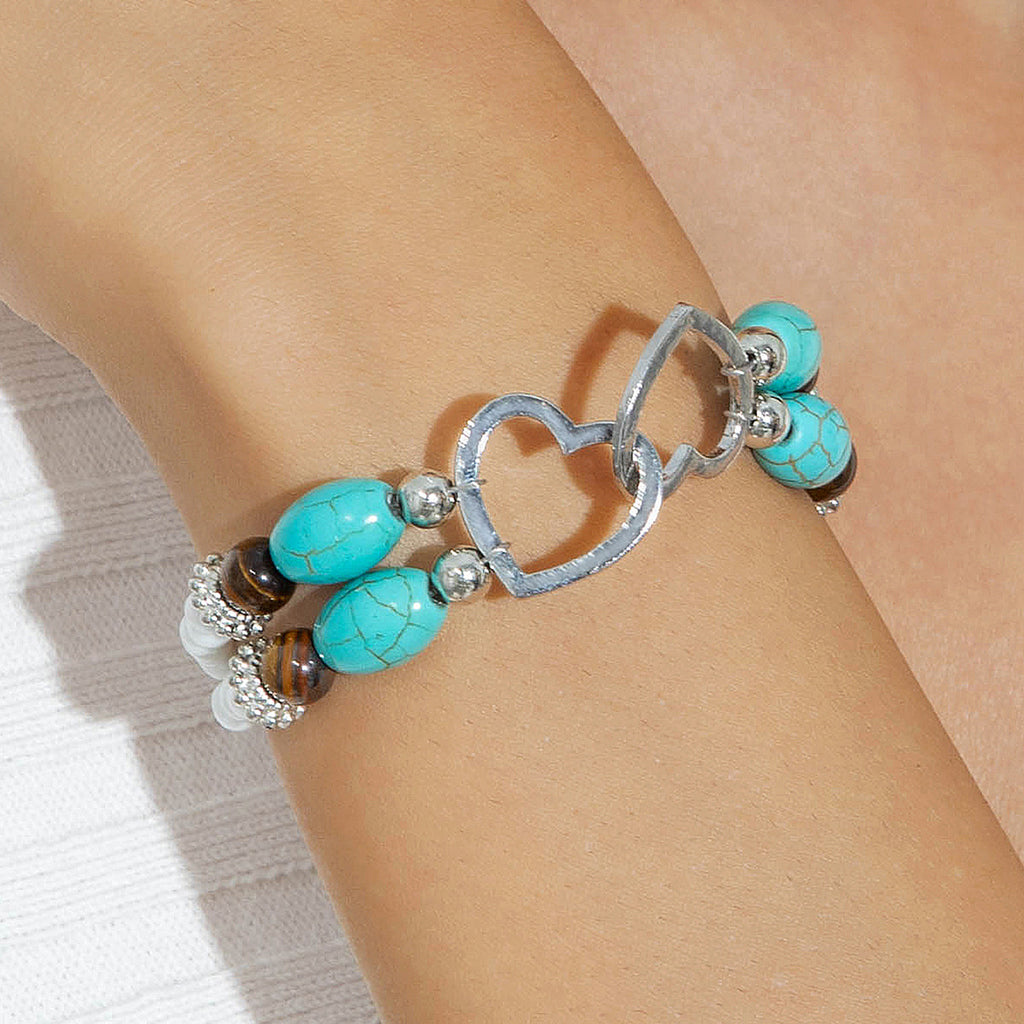 Wholesale Bohemian Vacation Style Rice Bead Turquoise Jewelry Set Metal Heart Jewelry