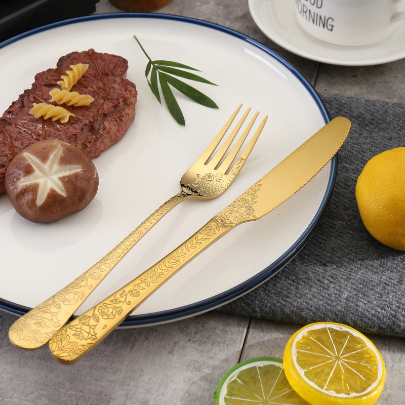 Vintage Pattern National Trend Stainless Steel Cutlery Set Five-Piece Set Western Steak Knife Fork Spoon Dessert Spoon Fork