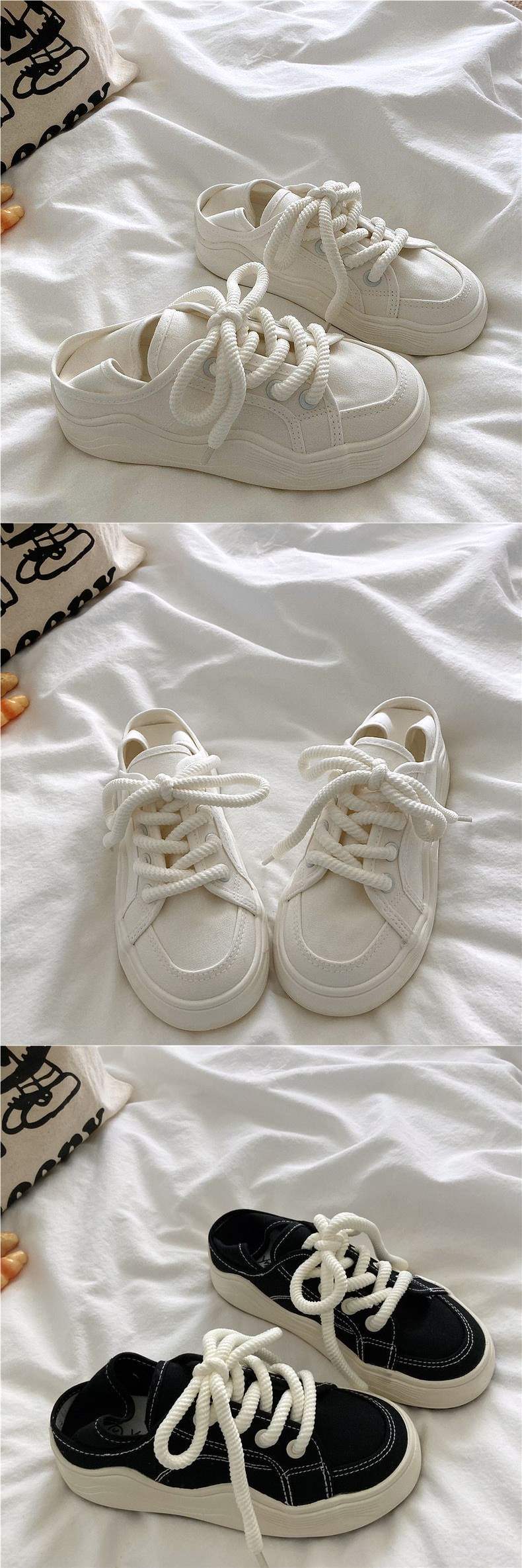 Honeydew Green~!Niche chic Korean Style Two-Way Canvas Shoes for Women, Summer Breathable Thin Versatile Thick-Soled White Shoes