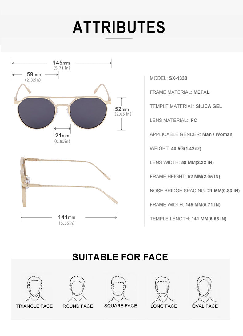 New Retro Oval Frame Glasses Metal Double Bridge Pilot Sunglasses Men's High-end Driving Sun Protection Sunglasses