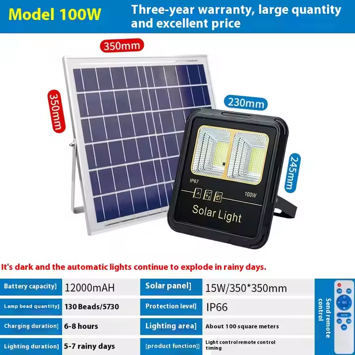 Solar Floodlight 100W 200W 300W IP67 Waterproof ABS Material Charges During the Day and Automatically Turns on at Dusk