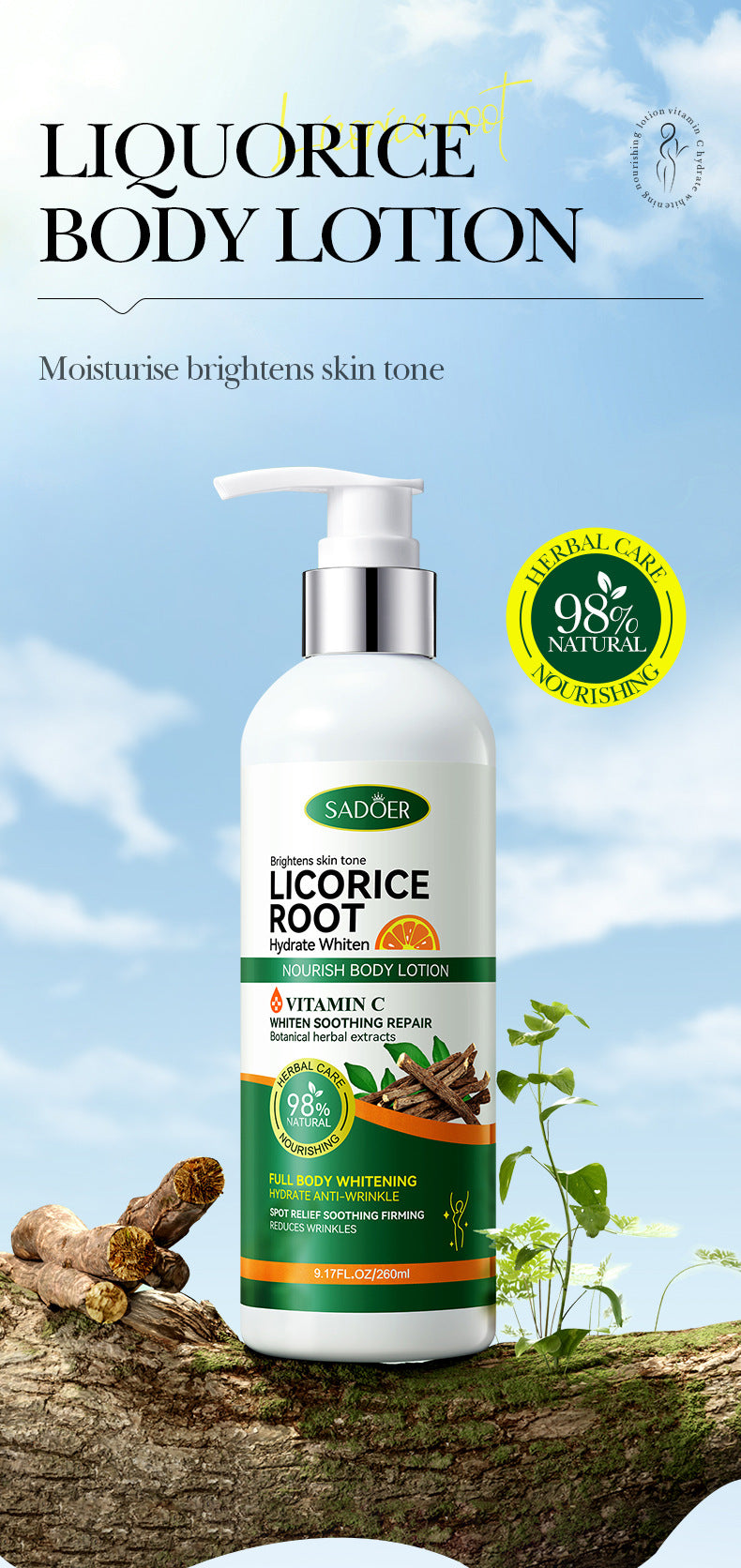 Licorice VC Body Lotion260gSADOER Whitening, hydrating, moisturizing skin care cross-border wholesale