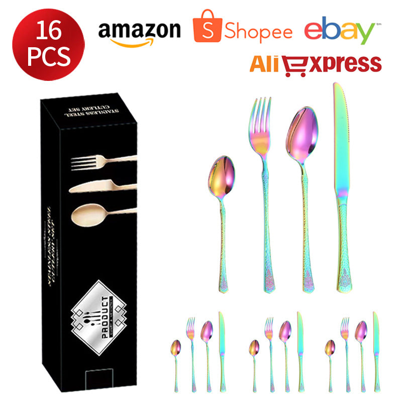 Stainless Steel Tableware Hotel Restaurant Crown Hammered Knife Fork Spoon24Set of Western Steak Knives and Forks