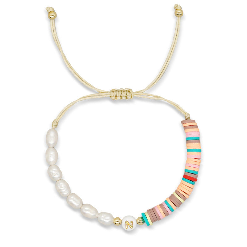 Imitation pearl26Letter Bracelet Bohemian Casual Vacation Bracelet Gold Beads Stretchable Soft Clay Woven Bracelet
