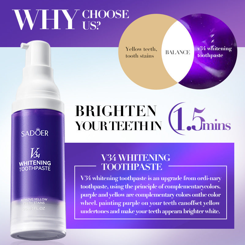 V34Whitening Toothpaste28ml SADOER Clean Teeth Clean Toothpaste Cross-Border Foreign Trade Wholesale