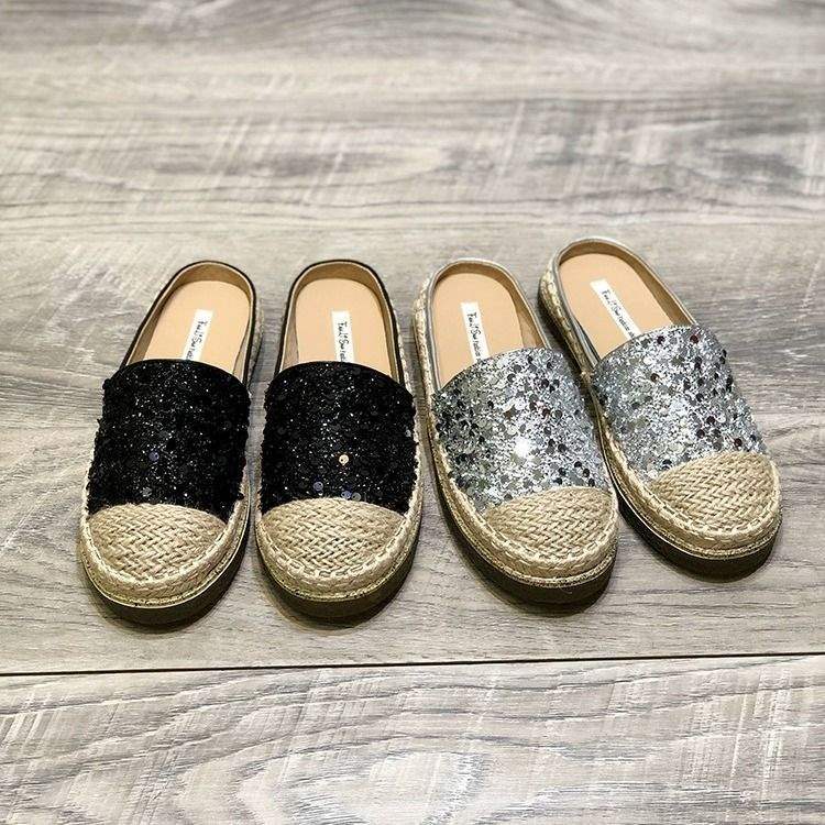 2025Spring New Knitted Retro Round Toe Sequin Slip-On Flat Fashion Closed-Toe Half Slippers Backless Fisherman Shoes