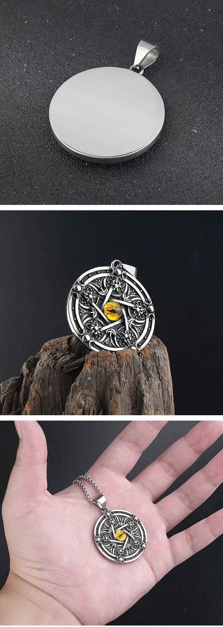 Vintage Stainless Steel Men's Pendant Personality Round Pentagram Demon Eye Titanium Steel Necklace Wholesale