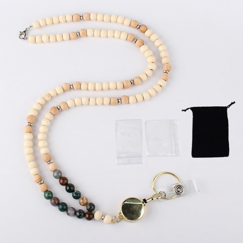 Indian Agate Wooden Bead Necklace Keychain Sweater Chain Myanmar Jade Beaded Easy Pull Buckle Work ID Lanyard Necklace