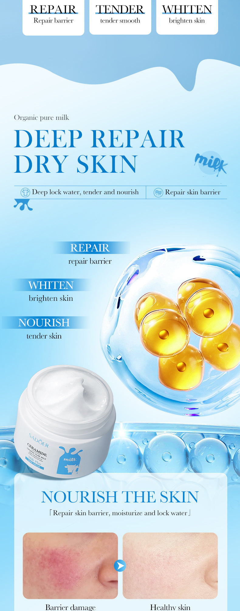 Milk Moisturizing Cream50g SADOER Ceramide Moisturizing and Rejuvenating Face Cream Cross-Border Wholesale