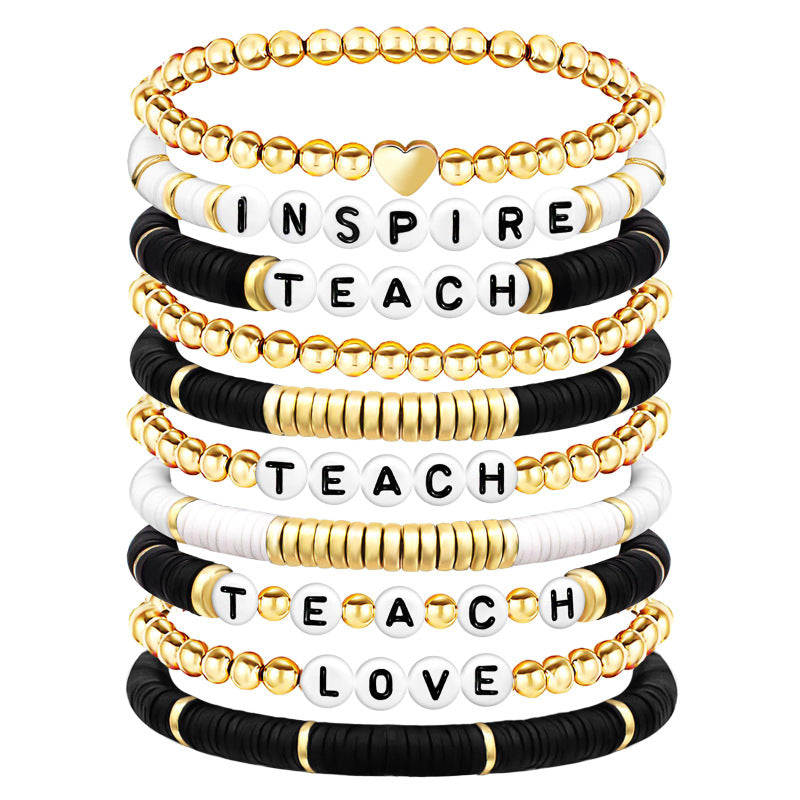 Teacher's Day Thank You Bracelet Set Stackable Soft Clay Heart Gift for Teachers Teach Alphabet Soft Clay Bracelet