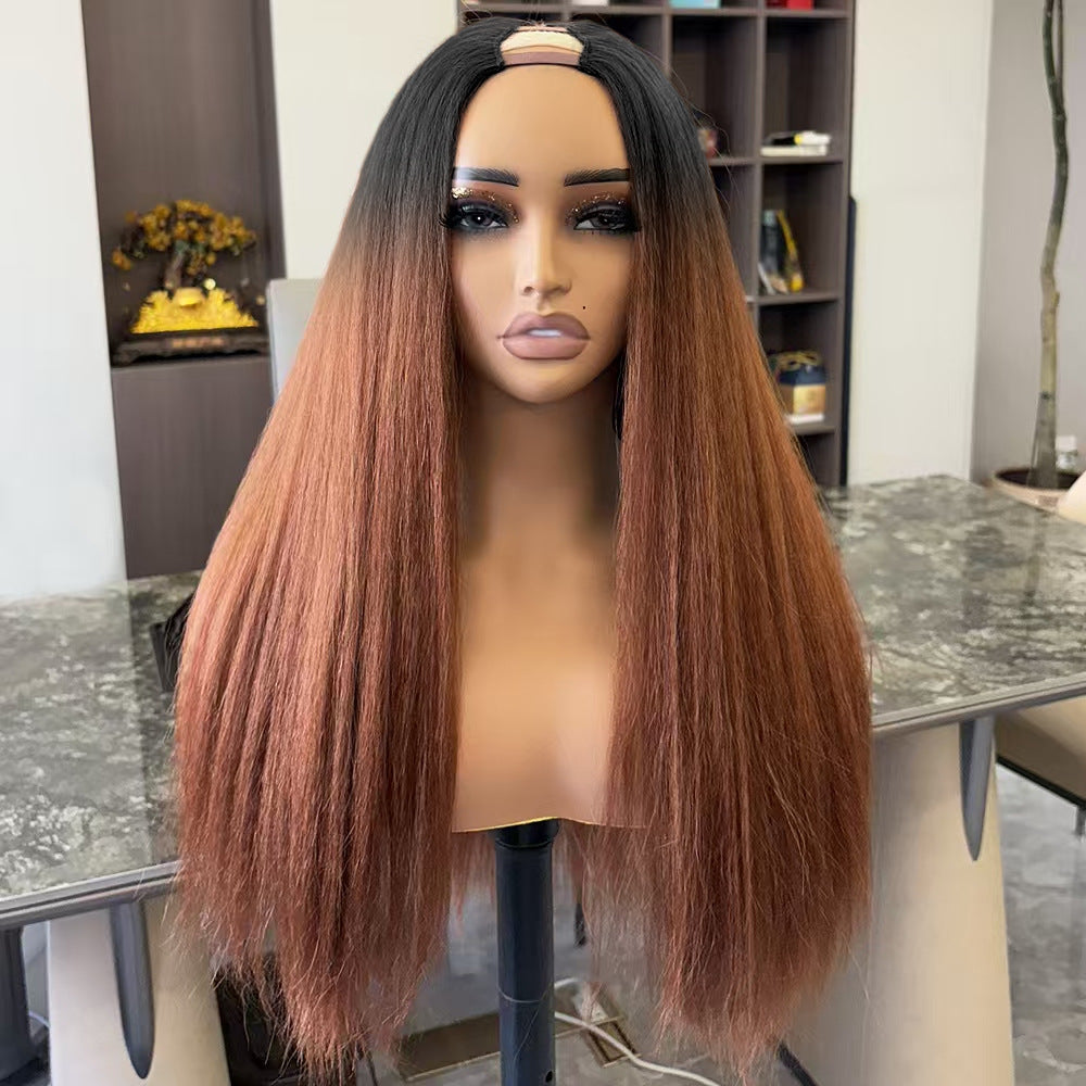 Black Fluffy U Long Straight Wig yaki Wig Hair Clip Half Wig U Part Yaki Wig