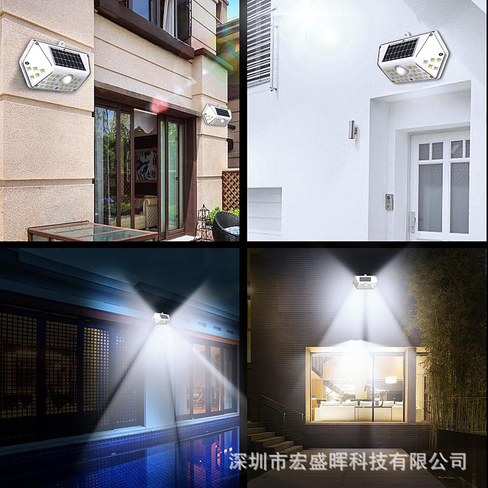 New model specifically designed for outdoor garden lights100LED Solar rechargeable wall light with four-sided illumination and motion sensor