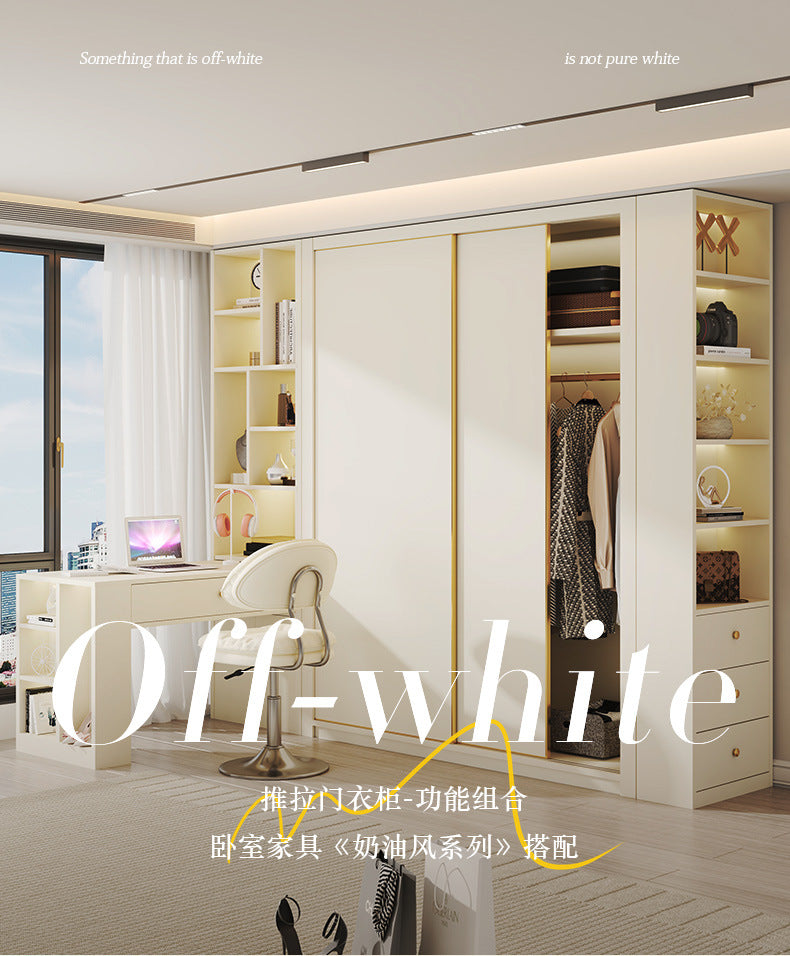 E0European Pine Board Warm White Sliding Door Wardrobe Desk Integrated Set Cream Style Bedroom Home Solid Wood Large Wardrobe