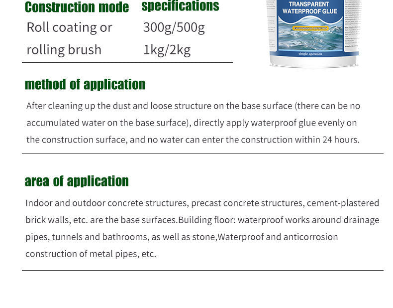 Transparent Waterproof Adhesive Coating for Interior and Exterior Walls, Roofs, Bathrooms, Windowsills, Leak Repair, Odorless, No Wall Damage