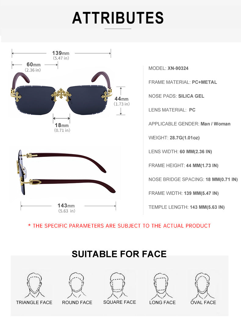 2025New European and American Retro Frameless Sunglasses for Men with Diamond Cut Edge and Imitation Wood Grain Temples Wholesale