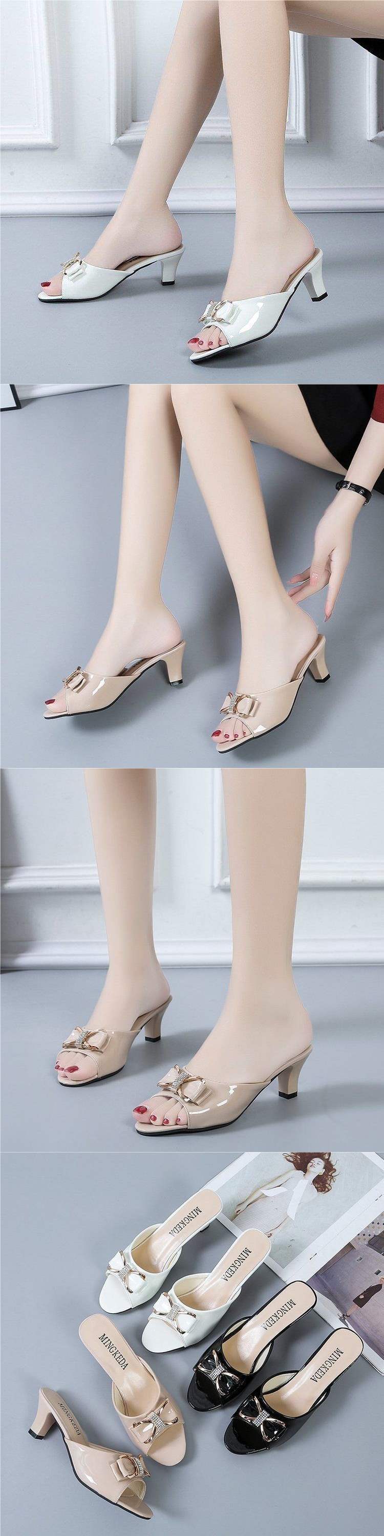 Korean Version Fashion Versatile Bowknot Thin Heel High Heels Women's Outdoor Wear Mid Heel Peep Toe Slippers Large Size Sandals Women's Shoes
