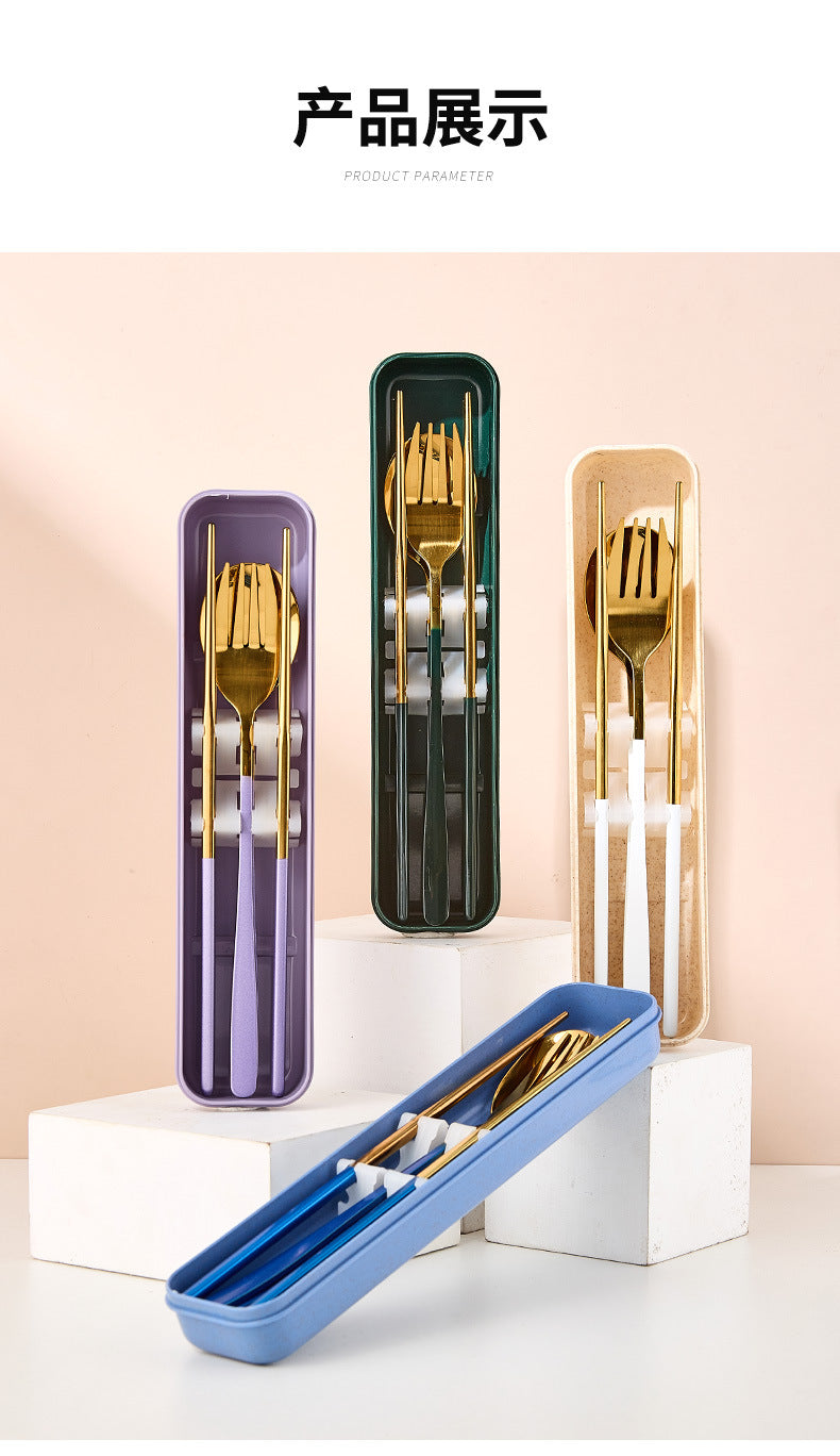 Stainless Steel Korean Portable Tableware Set Spoon Fork Chopsticks Three-Piece Set Student Travel Internet Celebrity Tableware