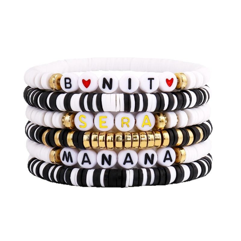Women's Soft Clay Friendship Bracelet Music Layered Heart Bracelet Spacer Elastic Cord manana Alphabet Soft Clay Bracelet
