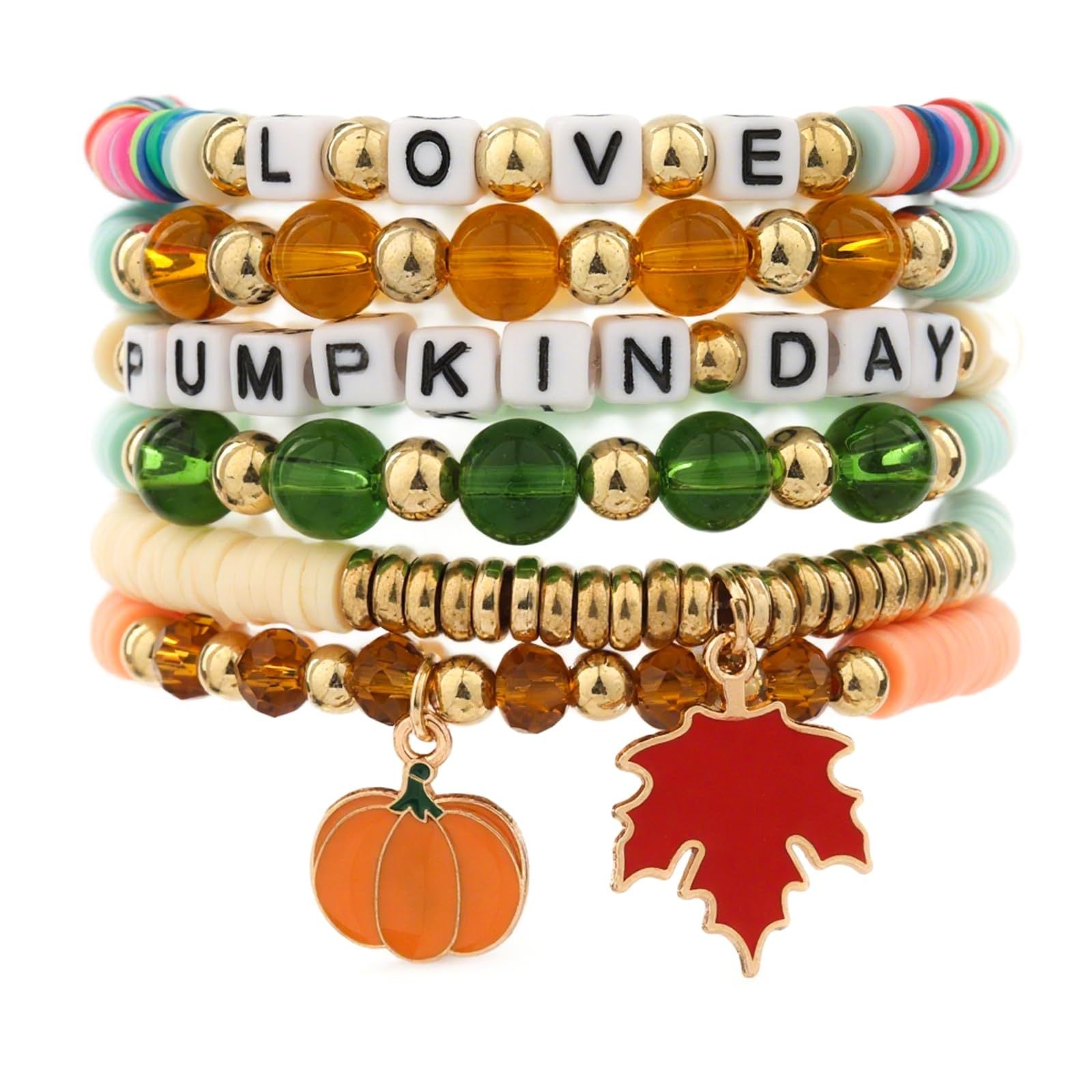 Alphabet Soft Clay Bracelet Set THANKS Bevel Cut Bead Harvest Pumpkin Pendant Bracelet Maple Leaf Thanksgiving Bracelet
