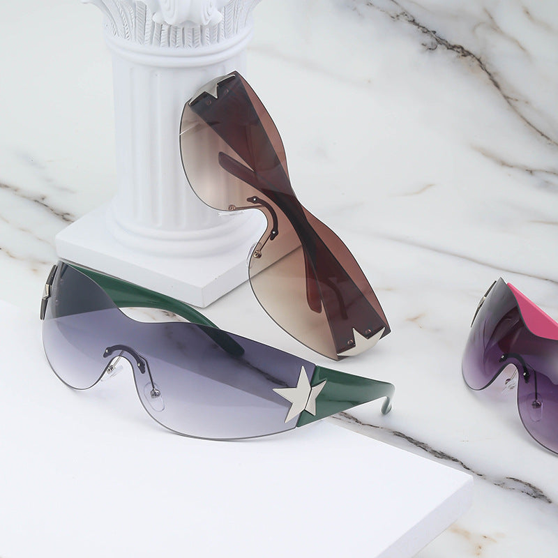 European and American retro rimless sunglasses for women y2k Personalized Five-Pointed Star One-Piece Sunglasses for Men Cycling Glasses Wholesale