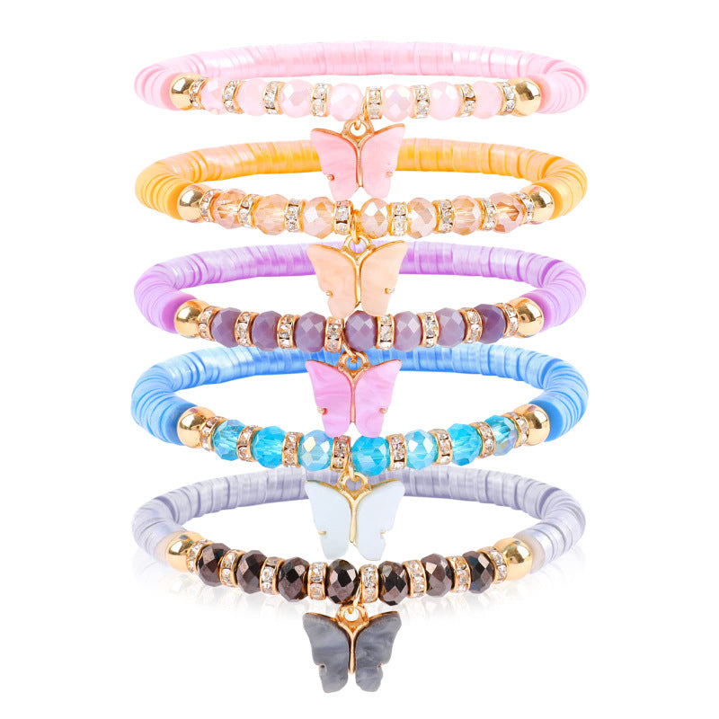Butterfly Pendant Soft Clay Bracelet Set for Women Bohemian Spacer Flower Macaron Color Soft Clay Bracelet