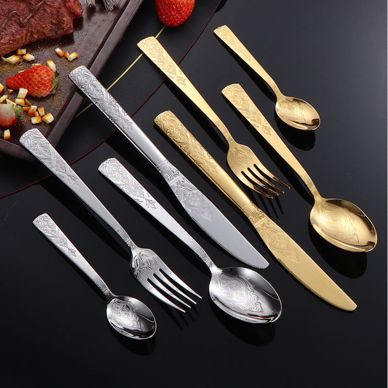 410Stainless Steel Tableware Hotel Retro Double Pattern Totem Western Cutlery Knife Fork Spoon Restaurant Hammered Steak Knife Fork