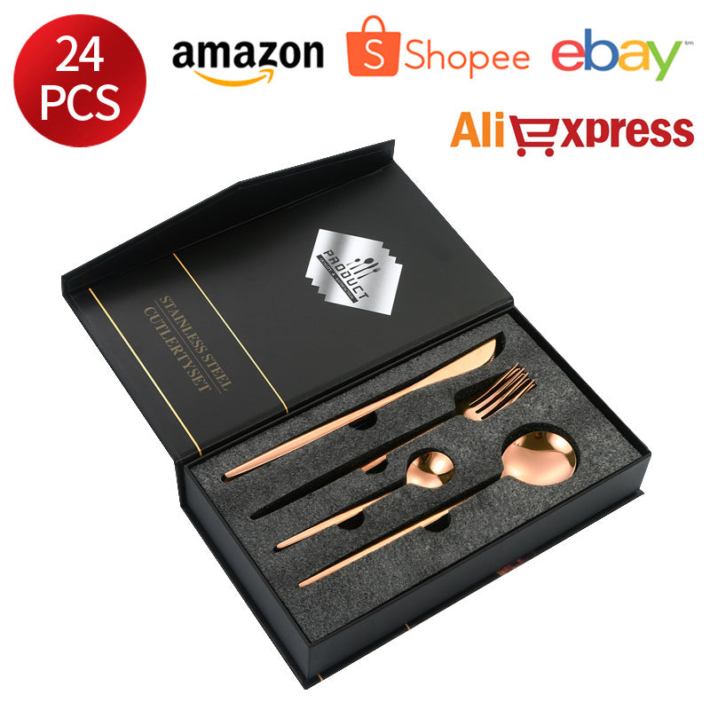 Stainless Steel Cutlery Set Portugal24Set of gold Western Food Gift Box6Steak Knife, Fork, and Spoon for One Person