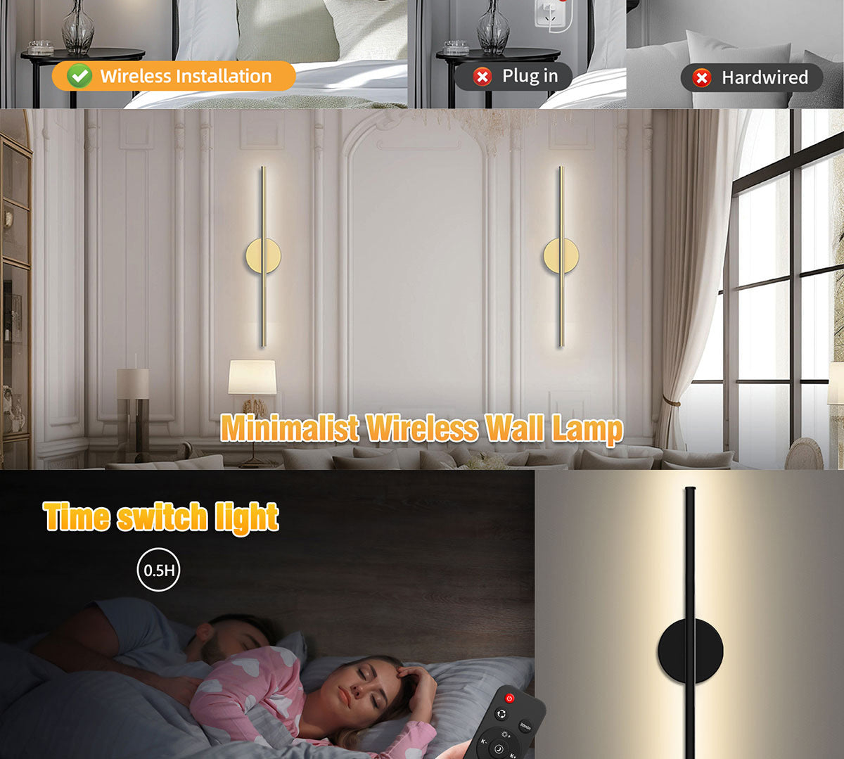 Rechargeable Two-tone Wall Lamp Indoor Wall Lamp Bedroom Bedside Wall Lamp Staircase Wall Lamp No Wiring Wall Lamp Long Strip Wall Lamp