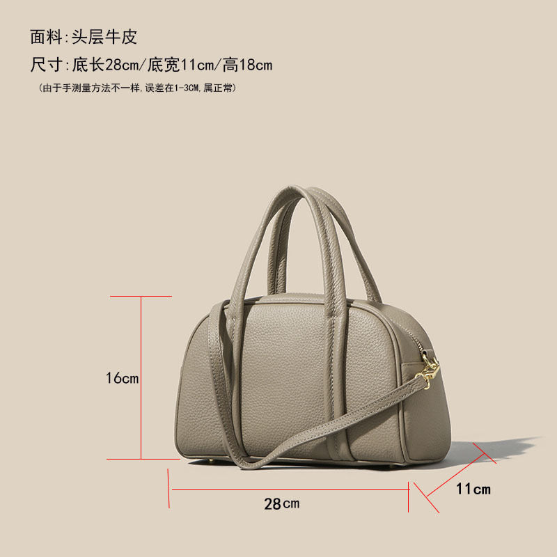 Genuine Leather Women's Boston Handbag2025Autumn Style Top Layer Cowhide Fashion Large Capacity Single Shoulder Crossbody Bag