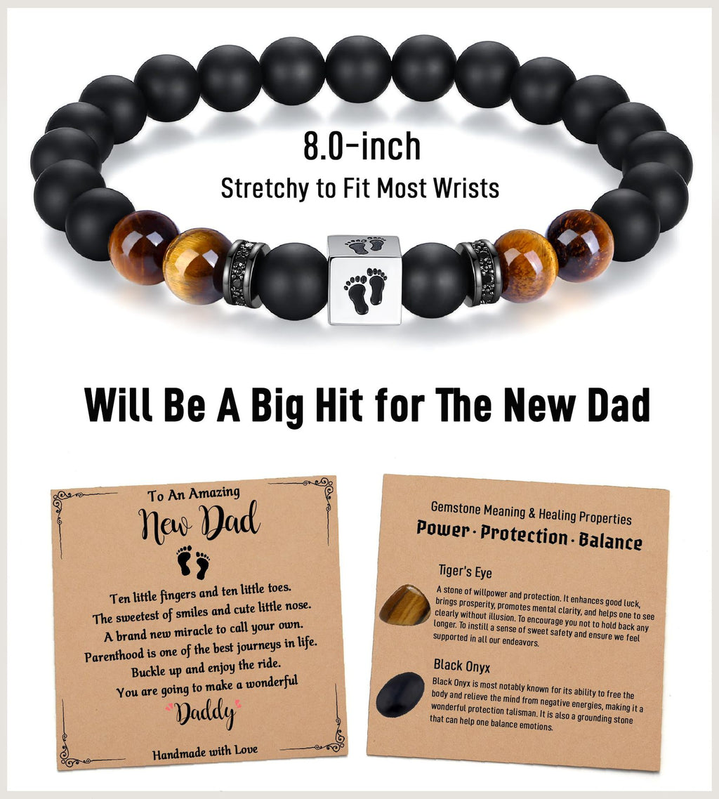 Men's Holiday Gift Bracelet Tiger Eye Stone Bracelet Stainless Steel Foot Sole Father's Day Gift Black Matte Bracelet