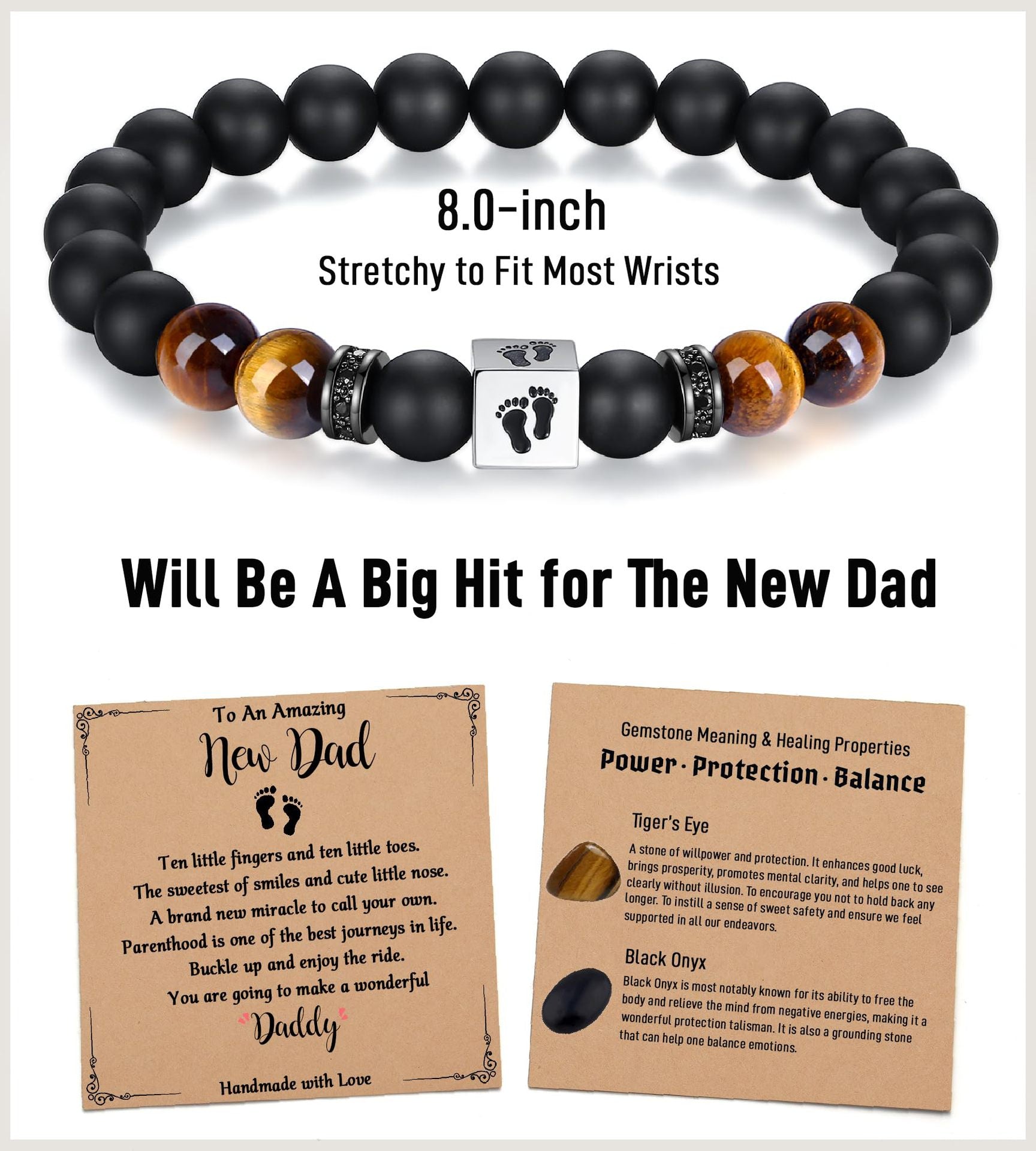 Men's Holiday Gift Bracelet Tiger Eye Stone Bracelet Stainless Steel Foot Sole Father's Day Gift Black Matte Bracelet