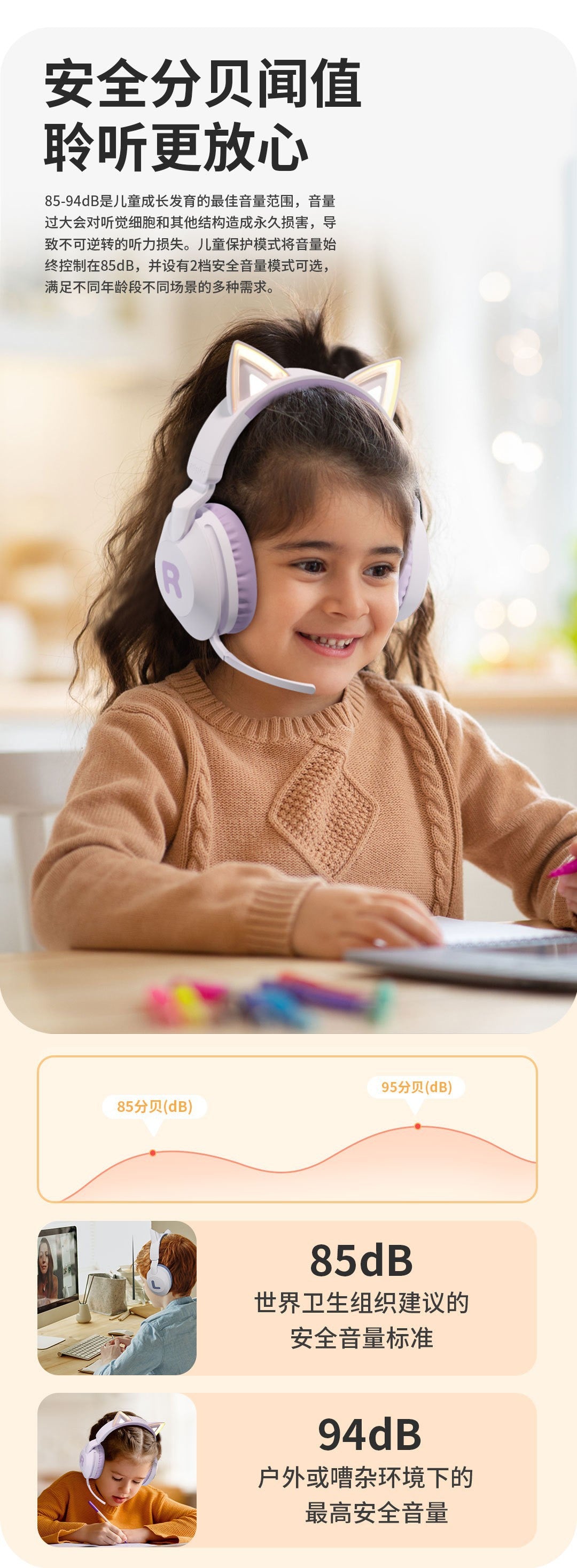 Cat Ear Headband Bluetooth Wireless Headphones with Mic Cute Long Battery Life Adorable Design Cute Cat