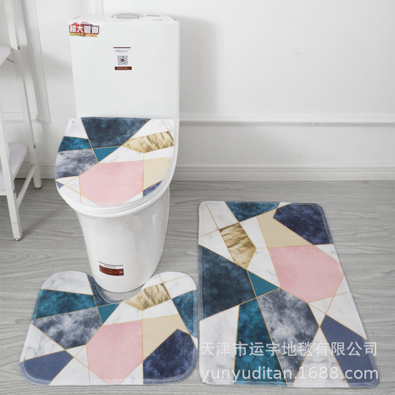 Coral Fleece Toilet Three-Piece Set Bathroom Mat Flannel Water Absorption Non-Slip Foot Mat Manufacturer Label