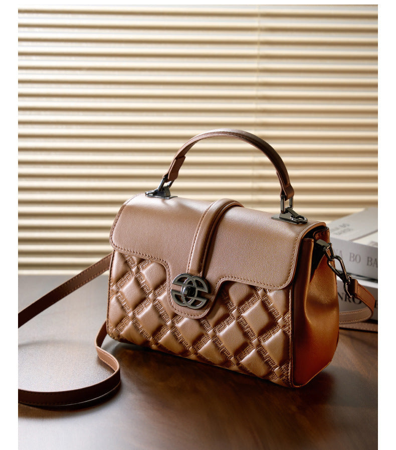 Lingge New Fashion Women's Bag Top Layer Cowhide Large Capacity Versatile Trendy Single Shoulder Crossbody Bag Genuine Leather Light Luxury Handbag