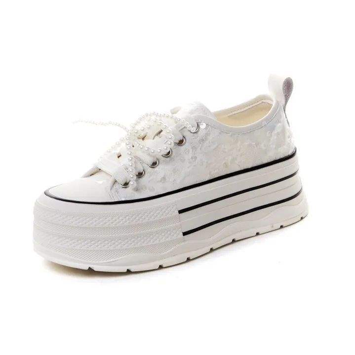 Women's Thick-Soled Canvas Shoes2025Summer New Sequin Pearl White Shoes Lightweight Versatile Height-Increasing Casual Sneakers