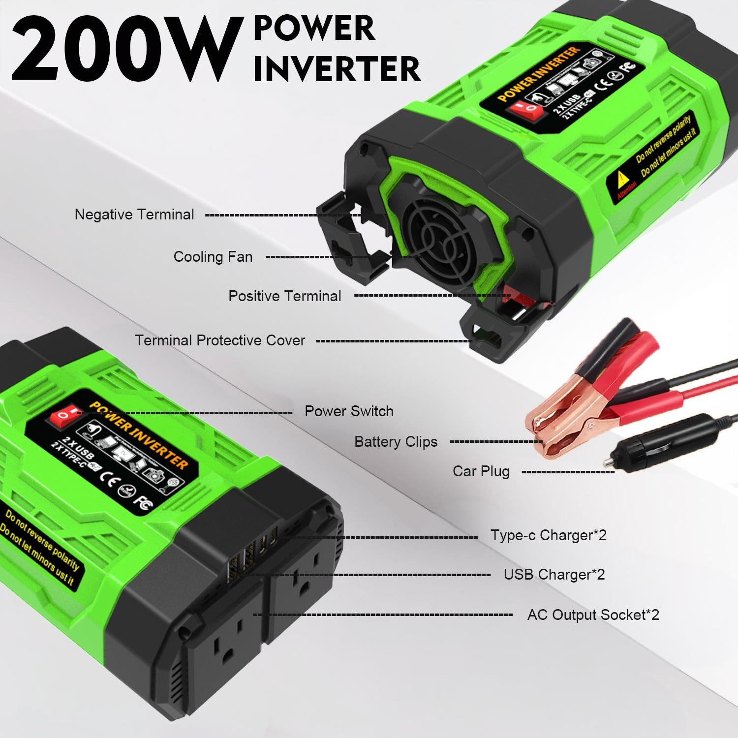 Vehicle Inverter200W300W600W12V Turn110V/220V With dual sockets USB/Type-C Converter