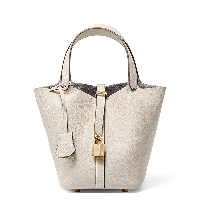 Top Layer Cowhide Vegetable Basket Bag for Women, Light Luxury Versatile Handbag, Niche Design, High-Quality Texture, Large Capacity Bucket Bag