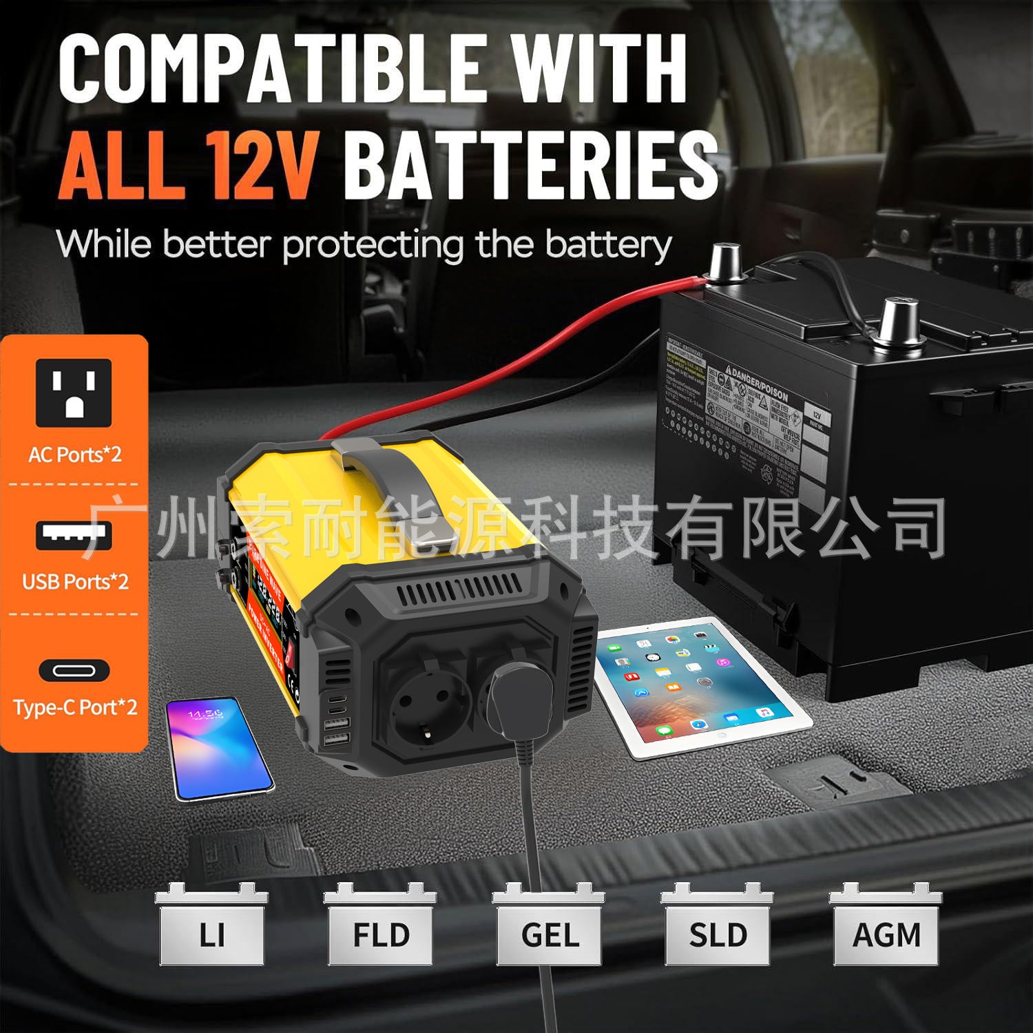 European standard socket pure sine wave inverter500W/800W/1000W 12V Turn230V Double USB Double Type-C