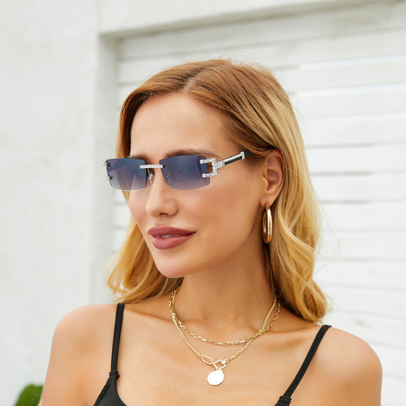 Imitation Wood Grain Leg Retro Sunglasses for Men Fashion Trend Diamond-Studded Rimless Sunglasses Men's Sun Protection Square Frame Glasses Street Style