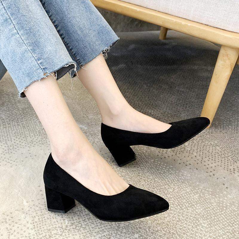 Etiquette Black Large Size High Heels Shallow Mouth Pointed Toe Non-Chafing Single Shoes Women Chunky Heel Professional Versatile Mid-Heel Work Shoes