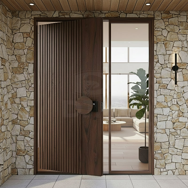 Solid Core Solid Wood White Oak Pivot Door Modern Exterior Villa Front Entry Door with Large-size Laminated Glass Side Window