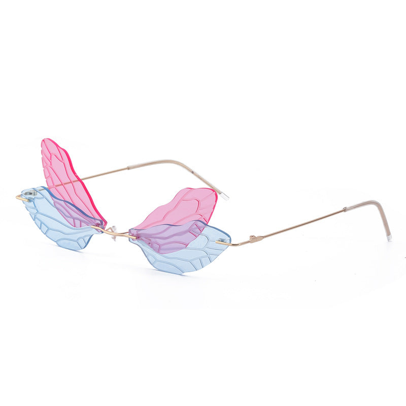 Dragonfly Sunglasses for Women, Stylish Wing Design, Fashionable Double Lens Party Dance Frameless Sunglasses
