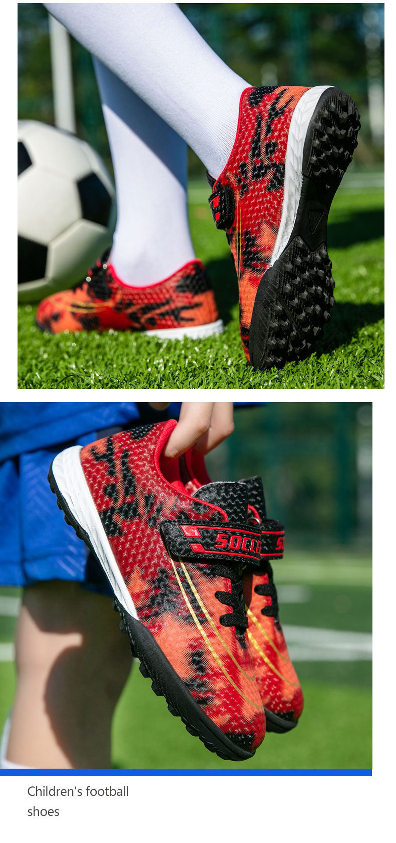New Football Shoes for Men and Women, Children's Low-top Anti-collision Spike Magic Tape No-tie Grass Training Sports Shoes