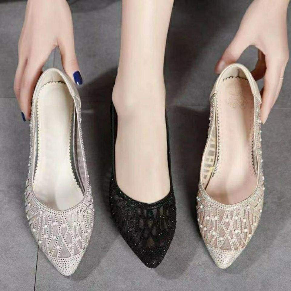 Women's Rhinestone Soft Leather Sandals2025Summer New Flat Hollow Mesh Shoes Shallow Mouth Mesh Single Shoes for Women